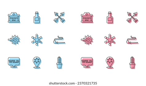 Set line Pointer to wild west, Hexagram sheriff, Wild saloon, Cactus peyote pot, Smoking pipe, Spur and Tequila bottle icon. Vector