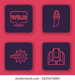 Set line Pointer to wild west, Spur, Tooth and Gold bars. Blue square button. Vector