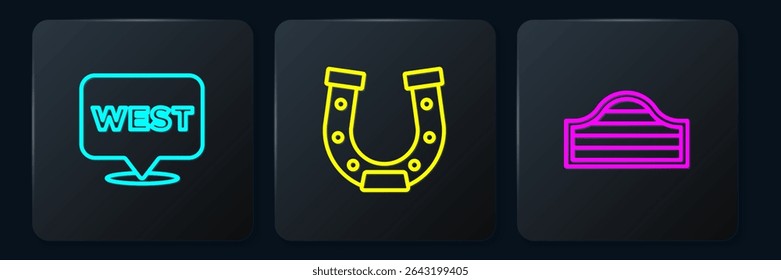 Set line Pointer to wild west, Saloon door and Horseshoe. Black square button. Vector