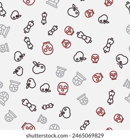 Set line Poison apple, Bow tie, Magic ball and Skull on seamless pattern. Vector