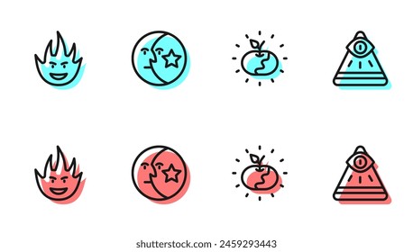 Set line Poison apple, Fire flame, Moon and stars and Masons icon. Vector