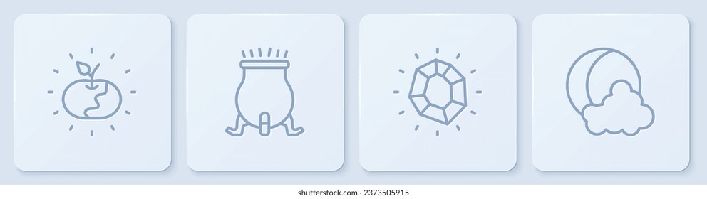 Set line Poison apple, Magic stone, Witch cauldron and Moon and stars. White square button. Vector