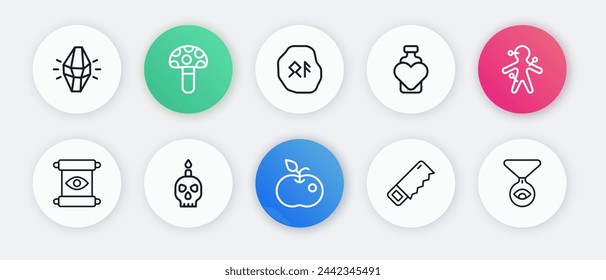 Set line Manzana venenosa, muñeca vudú, pergamino mágico, sierra de mano, botella con poción de amor, runas, ojo de cadena de medallón e icono de calavera de vela ardiente. Vector