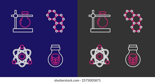 Set line Poison in bottle, Atom, Chemical formula and Test tube flask stand icon. Vector