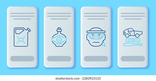 Set line Poison in bottle, Bandit, Canister fuel and Car theft icon. Vector