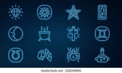 Set line Poison in bottle, Gemini zodiac, Pentagram, Witch cauldron, Moon, Diamond, Christian cross and circle icon. Vector
