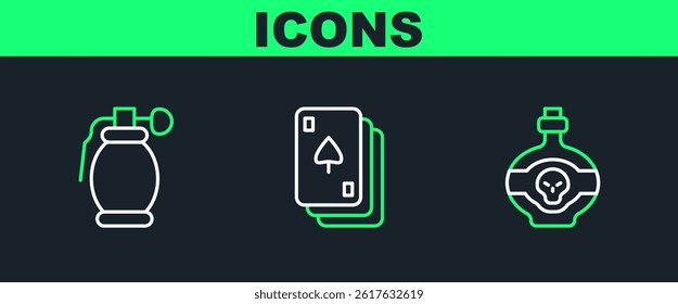 Set line Poison in bottle, Hand grenade and Playing cards icon. Vector