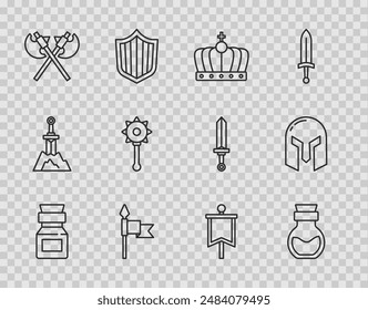 Set line Poison in bottle, King crown, Medieval spear, Crossed medieval axes, chained mace ball, flag and iron helmet icon. Vector