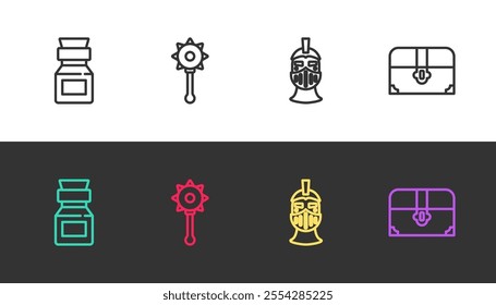 Set line Poison in bottle, Medieval chained mace ball, iron helmet and Antique treasure chest on black and white. Vector