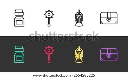 Set line Poison in bottle, Medieval chained mace ball, iron helmet and Antique treasure chest on black and white. Vector