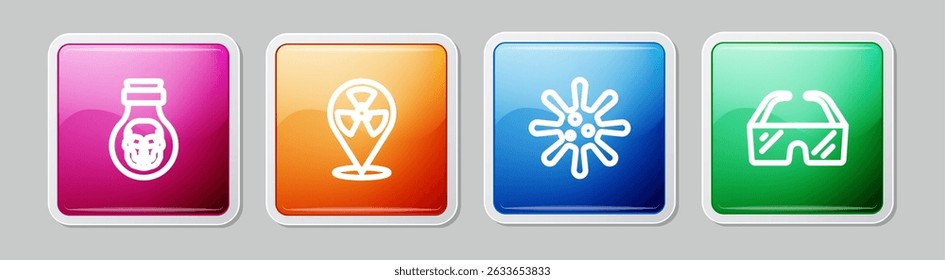 Set line Poison in bottle, Radioactive location, Bacteria and Safety goggle glasses. Colorful square button. Vector