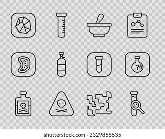 Fijar línea Veneno en frasco, Tubo de ensayo y matraz, mortero, tóxico de advertencia de triángulo, piedra de sal, tanque de gas de propano, icono gaseoso y raquítico. Vector