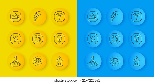 Set line Poison in bottle, Yin Yang, Life, Burning candle, Venus, Air element, Aries zodiac and Feather pen icon. Vector