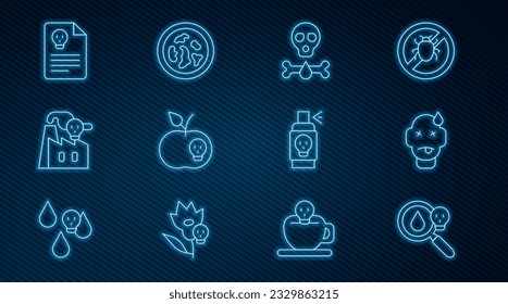 Set line Poison magnifying glass, Man poisoning, Bones and skull, apple, Smoke from factory, Radiation warning document, Spray against insects and Petri dish with bacteria icon. Vector