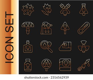 Set line Poison on the arrow, Radioactive, Thermometer, Bottle with potion, Smoke from factory, Fly agaric mushroom, Bacteria and Bones and skull icon. Vector