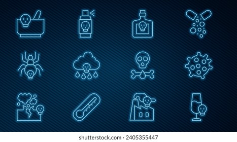 Set line Poisoned alcohol, Bacteria, Bottle with potion, Acid rain, Poisonous spider, Mortar and pestle, Bones skull and Spray against insects icon. Vector