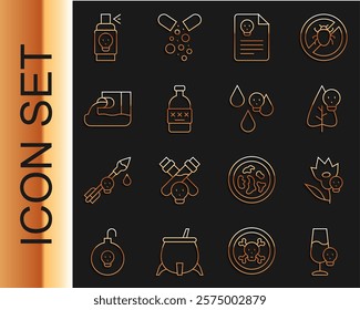 Set line Poisoned alcohol, flower, Radiation warning document, Wastewater, Spray against insects and Acid rain icon. Vector