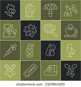 Set line Poisoned pill, alcohol, Coffee cup with skull, Fly agaric mushroom, Bacteria, Poisonous cloud gas or smoke, flower and magnifying glass icon. Vector