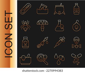 Set line Poisoned pill, Bones and skull, Nuclear bomb, Witch cauldron, Fly agaric mushroom, Poisonous spider, Thermometer and Beaker with toxic liquid icon. Vector