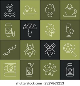 Set line Poisoned pill, magnifying glass, alcohol, Man poisoning, Fly agaric mushroom, Antidote, Bones and skull and flower icon. Vector