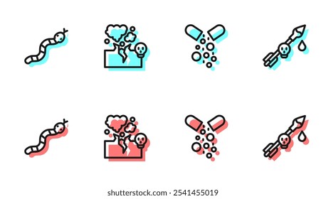 Set line Poisoned pill, Snake, Poisonous cloud of gas or smoke and the arrow icon. Vector