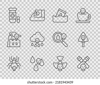 Set line Poisonous spider, Bottle with potion, Radioactive waste in barrel, Acid rain, Antidote,  and Bones and skull icon. Vector