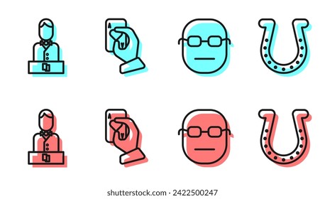 Set line Poker player, Casino dealer, Hand holding playing cards and Horseshoe icon. Vector