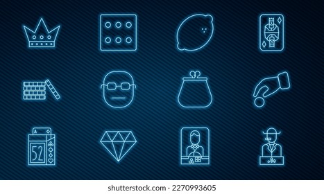 Set line Poker player, Hand holding casino chips, Casino slot machine with lemon, King playing card, Wallet and Game dice icon. Vector