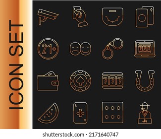 Set line Poker player, Horseshoe, Laptop and slot machine, table, 21 plus, Security camera and Handcuffs icon. Vector