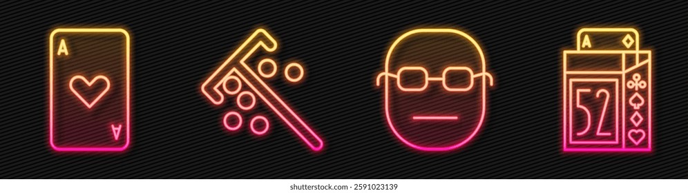 Set line Poker player, Playing card with heart, Stick for chips and Deck of playing cards. Glowing neon icon. Vector