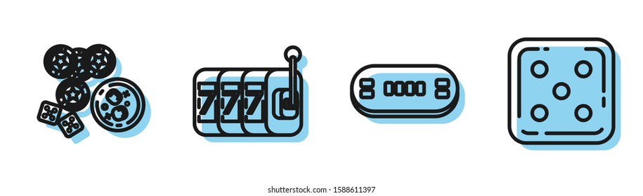 Set line Poker table, Casino chips, game dice and glass of whiskey with ice cubes, Slot machine with lucky sevens jackpot and Game dice icon. Vector