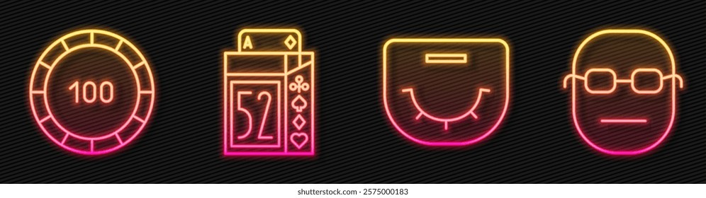 Set line Poker table, Casino chips, Deck of playing cards and Poker player. Glowing neon icon. Vector