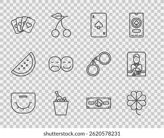 Set line Poker table, Casino slot machine with clover, Playing card spades, Champagne an ice bucket, Deck of playing cards, player, Stacks paper money cash and dealer icon. Vector - Powered by Shutterstock - Get 15% off with code: PIKWIZARD15