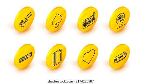 Set line Poker table, Playing card with heart symbol, Deck of playing cards, Casino location, Slot machine, spades and Human hand throwing game dice icon. Vector