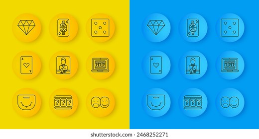 Set line mesa de póquer, tarjeta de juego con corazón, distribuidor de casino, jugador, ordenador portátil y máquina tragamonedas, diamante, juego de dados y rey jugando diamantes icono. Vector