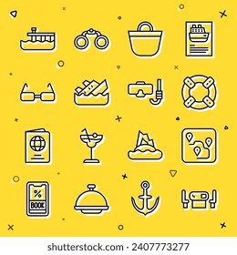 Fijar la mesa de póquer de línea, la ubicación de la ruta, Lifebuoy, la bolsa de playa, el crucero que se inclina, las gafas, el muelle y la máscara de buceo y el icono del snorkel. Vector
