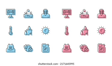 Set line Polar bear head, Global warming fire, Television report, Bio fuel canister, Full dustbin, Sun, Meteorology thermometer and Drought icon. Vector
