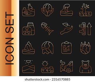 Set line Polar bear head, Global warming fire, Tsunami, Dead fish, Nuclear power plant, Problem pollution of the ocean and Sprout hand icon. Vector