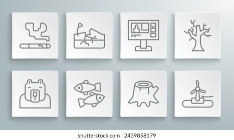 Set line Polar bear head, Earthquake, Dead fish, Tree stump, Wind turbine, Television report, Withered tree and Cigarette icon. Vector