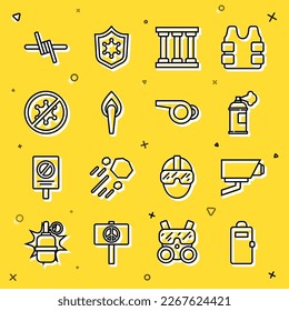 Set line Police assault shield, Security camera, Paint spray can, Prison window, Torch flame, Protest, Barbed wire and Whistle icon. Vector