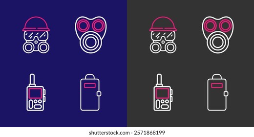 Set line Police assault shield, Walkie talkie, Gas mask and  icon. Vector