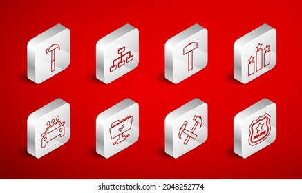 Set line Police badge, Folder tree, Hammer, Ranking star, Two crossed hammers, FTP operation successful and Car wash icon. Vector