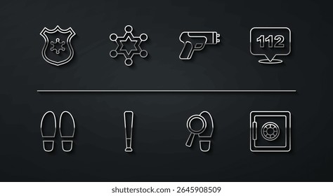 Set line Distintivo da polícia, Passos, Telefonema 112, Bastão de beisebol, Xerife de Hexagram, Ícone de choque elétrico e seguro. Vetor