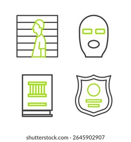 Set line Police badge, Law book, Thief mask and Suspect criminal icon. Vector