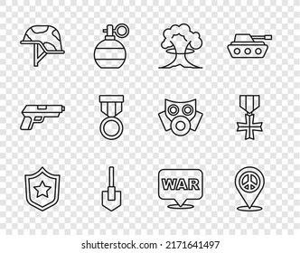 Set Line Police Badge, Location Peace, Nuclear Explosion, Shovel, Military Helmet, Reward Medal, The Word And  Icon. Vector