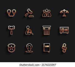 Set line Police badge, Map marker with silhouette of person, Handcuffs, Law book, Money bag magnifying glass, Safe and pillar icon. Vector