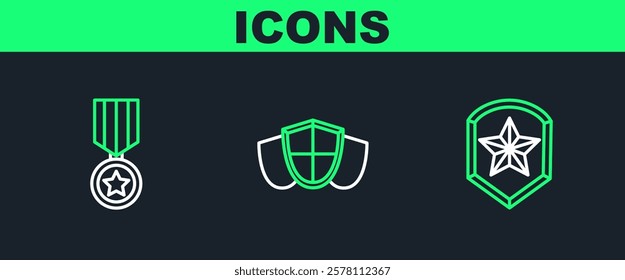 Set line Police badge, Military reward medal and Shield icon. Vector