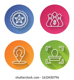 Set line Police badge, Money bag, Map marker with a silhouette of a person and Face recognition. Color circle button. Vector