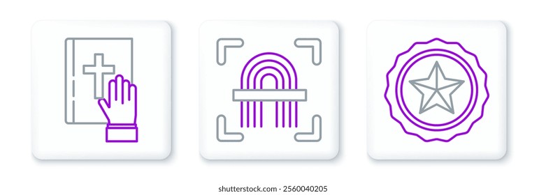 Set line Police badge, Oath on the Holy Bible and Fingerprint icon. Vector