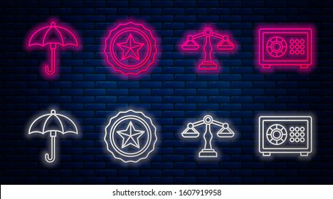 Set line Police badge, Scales of justice, Umbrella and Safe. Glowing neon icon on brick wall. Vector